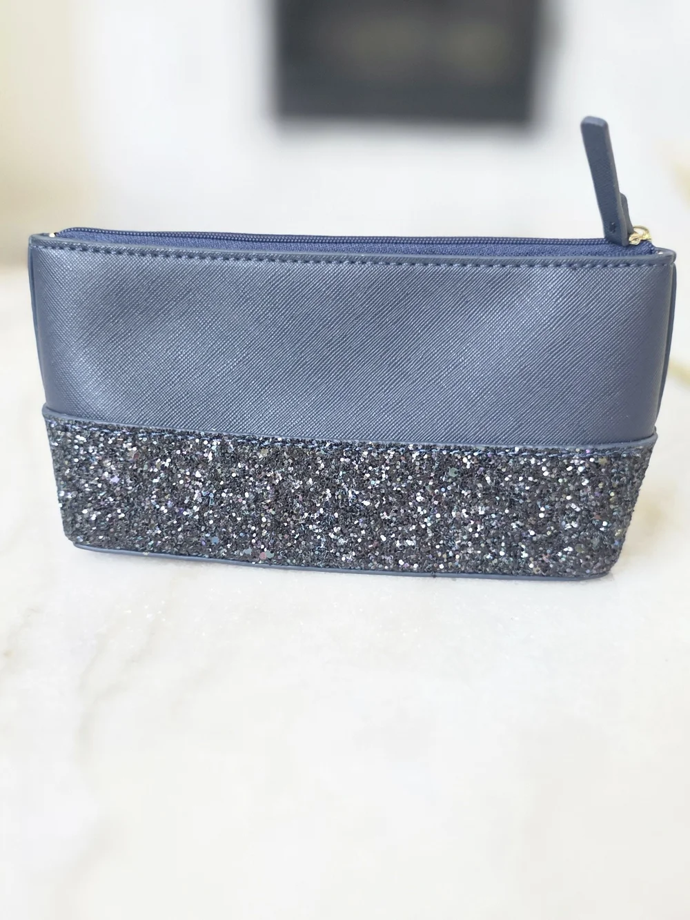 Kate Spade New York Greta Court Glitter Cosmetic Pouch Navy Blue New W/O Tag.